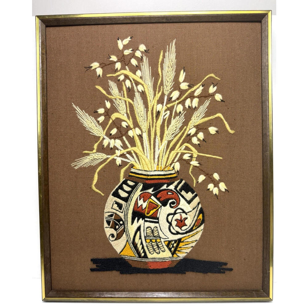 Vtg Crewel American Indian Pottery Vase Wheat Stalks Handmade Sunset Designs